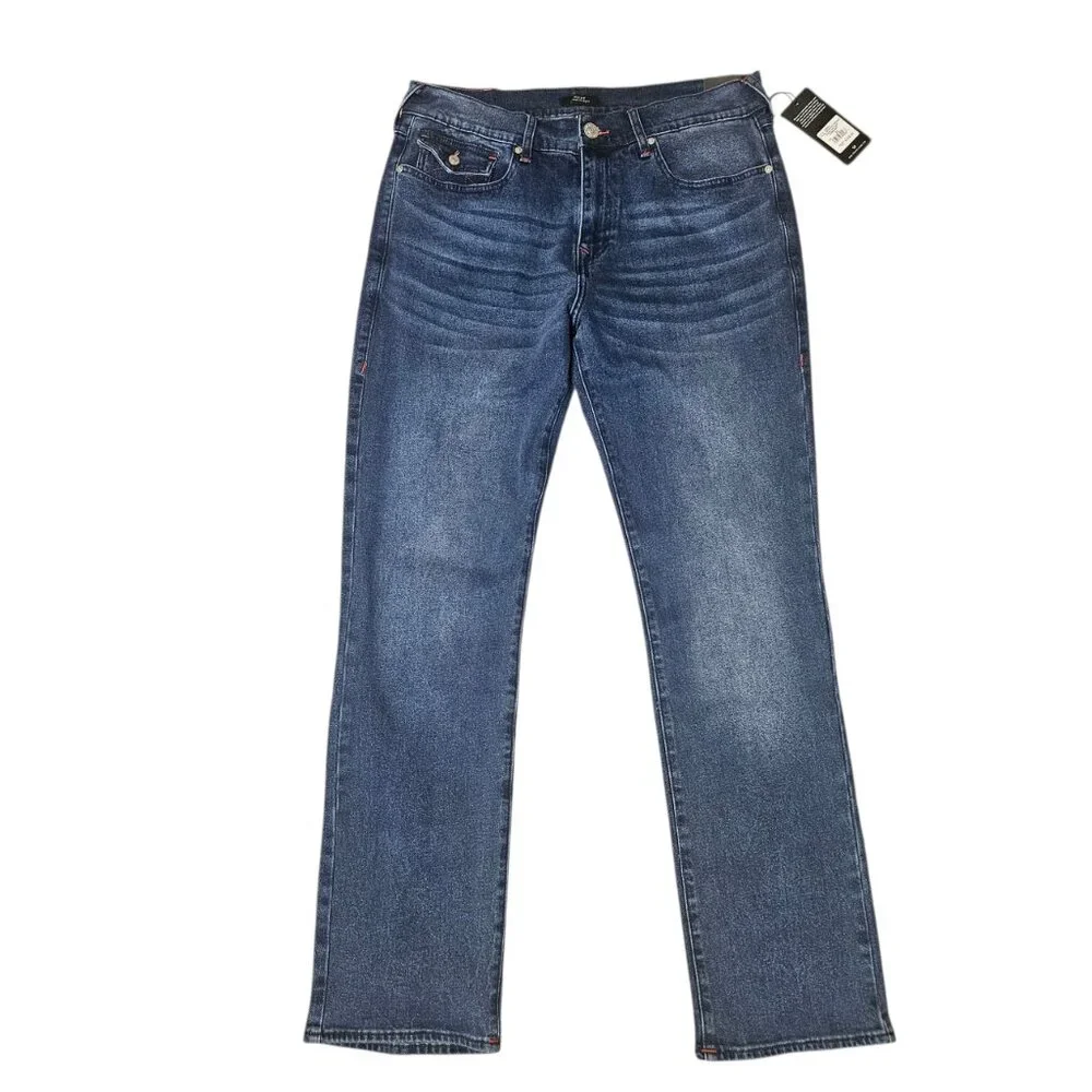 NWT TRUE RELIGION Men Ricky Relaxed Straight Jeans 33x34 Flap Pockets Red Stitch